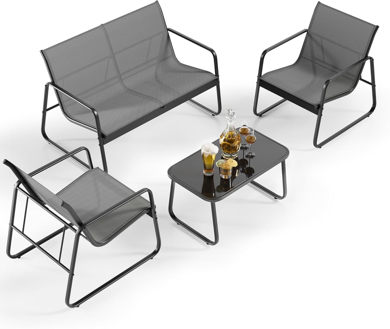 Patio Furniture Sets 4 Pieces,Lofka Outdoor Furniture with Outdoor Loveseats,2 Single Chairs & Metal Coffee Table for Backyard,Gray