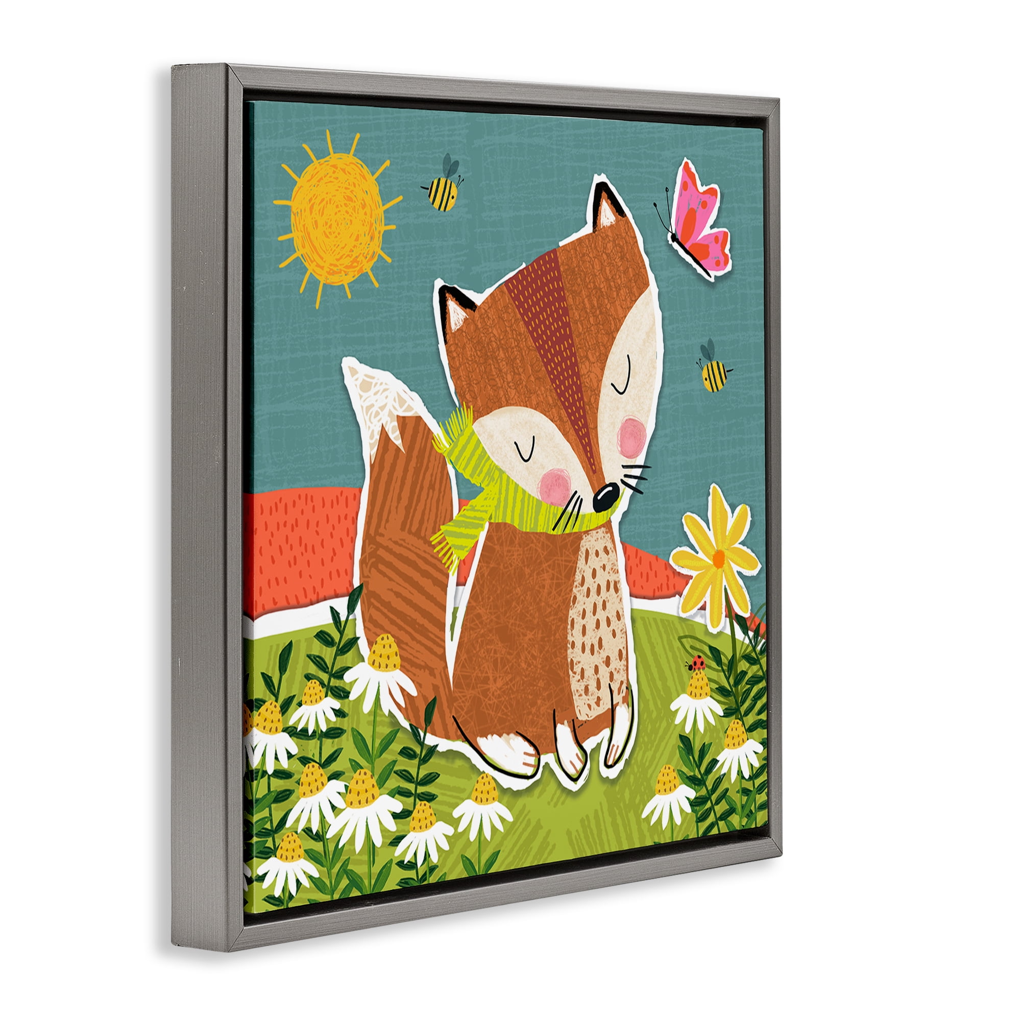 Stupell Industries Whimsical Nature Fox Animals Painting Gray Floater Framed Canvas Art Print Wall Art, 18 x 18