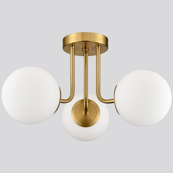 Modern Brass Gold 3-Light Ceiling Light with Globe White Glass Shade Chandelier