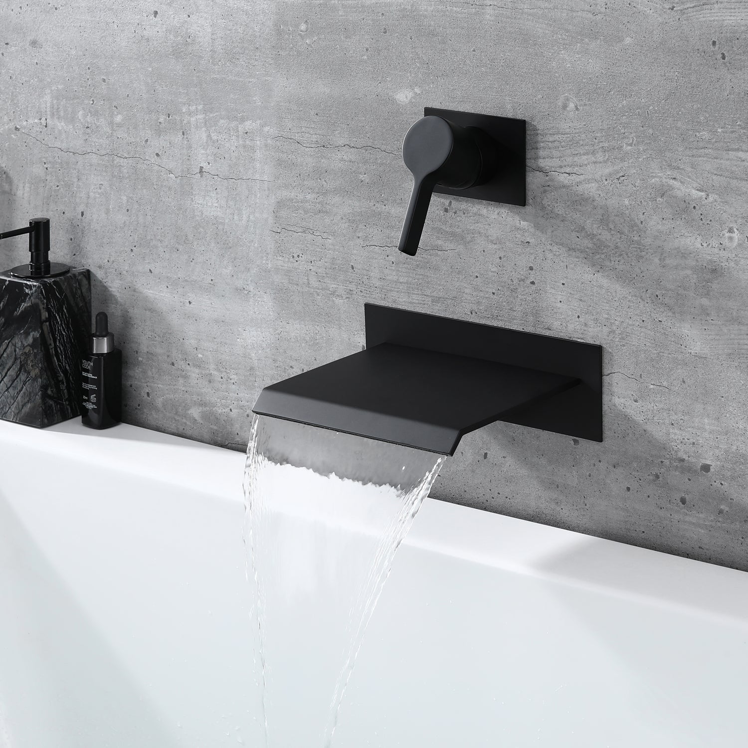 Sumerain High Flow Wall Mount Bathtub Faucet Matte Black with Waterfall Tub Spout Single Handle with Rough in Valve