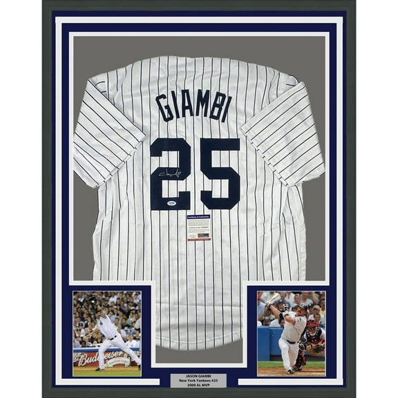 Framed Autographed/Signed Jason Giambi 35x39 New York Pinstripe Baseball Jersey PSA/DNA COA