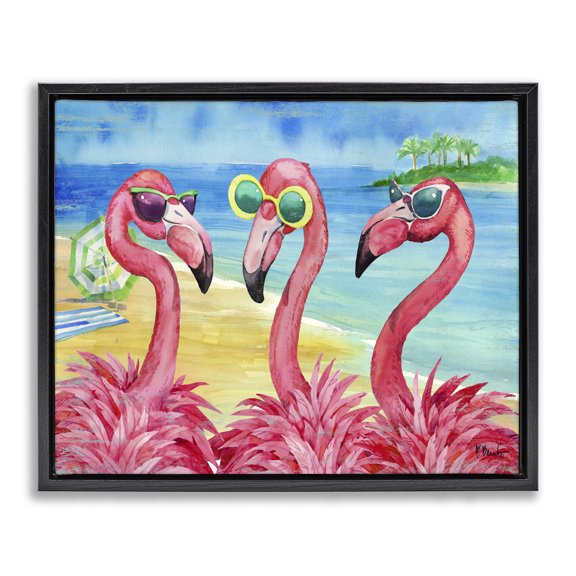 Stupell Industries Coastal Flamingo Girlfriends Tropical Coast Black Floating Frame Canvas Art, 31 x 25, by Paul Brent