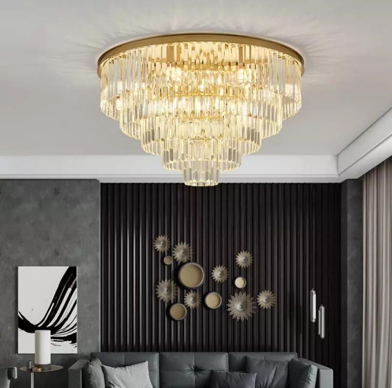 31.5" Round Postmodern Crystal Flush Mount Ceiling Light with Remote - 5-Tier Transparent K9 Prisms & Gold Iron Finish for Living Room/Bedroom