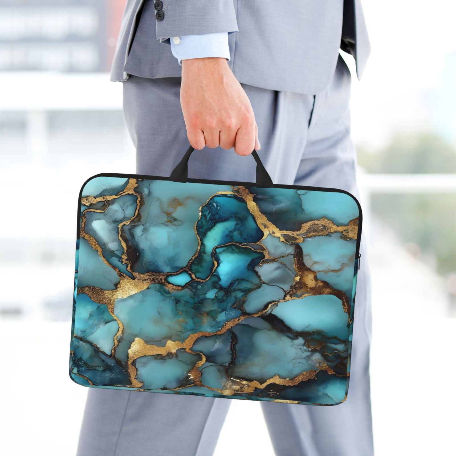 Laptop Sleeve Bag For Women Men 14inch Waterproof Durable Protective Computer Carrying Cover Handle Laptop Case Bag Teal Gold Marble