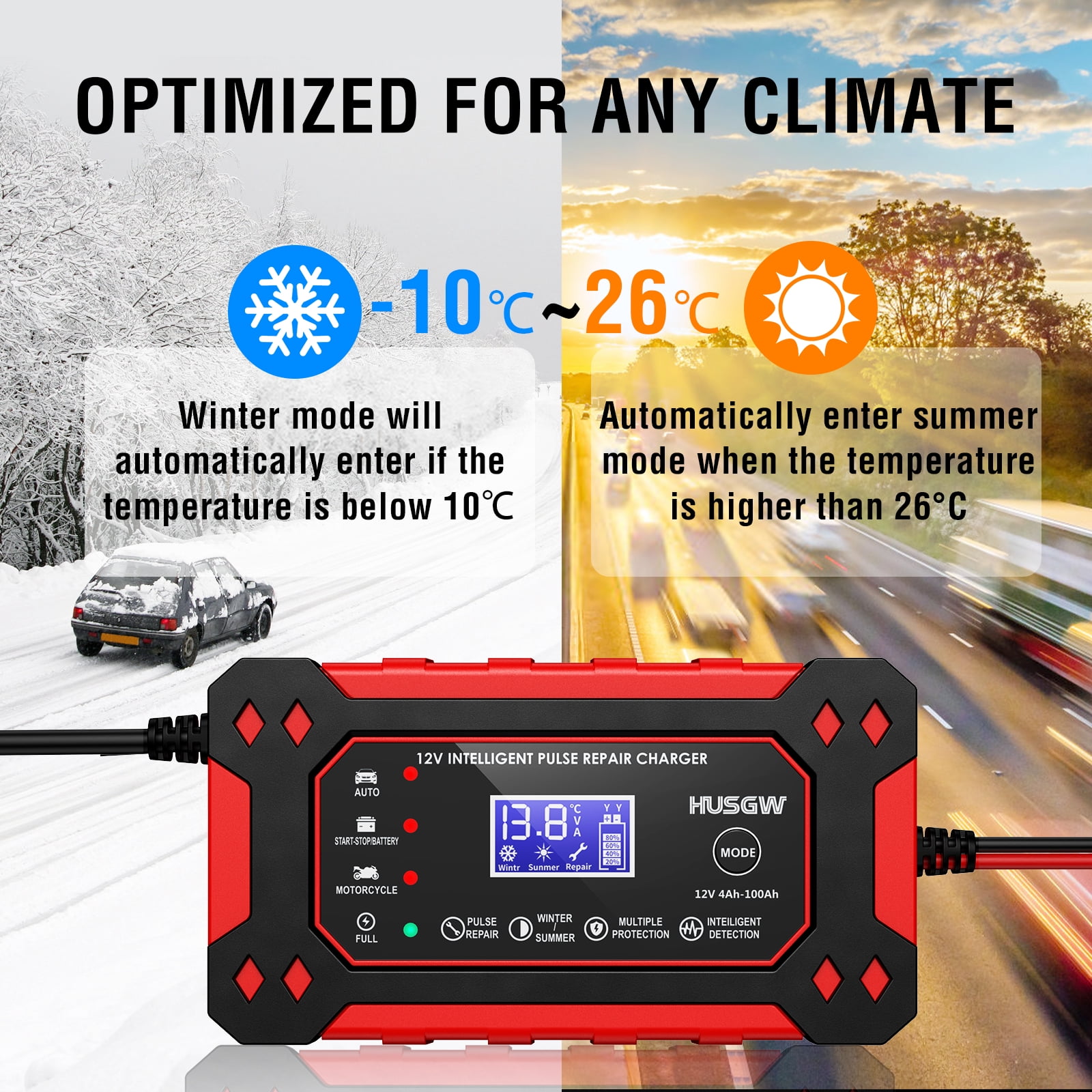 HUSGW 12V6A Car And Motorcycle Battery Charger Lead-Acid Battery Smart Charger Battery Repair Activation Charger