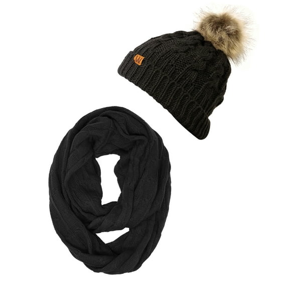 Wrapables® Winter Warm Cable Knit Infinity Scarf and Faux Fur Pom Pom Beanie Set, Black
