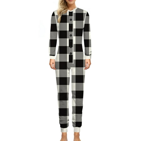 

UPAIRC Women Printed Long Sleeve Crew Neck Button Down Jumpsuit Pajama Loungewear Sleepwear