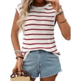 thumbnail image 3 of Women'S Ribbed Sweater Crew Neck Short Sleeve Loose Fit Stripe Knit Pullover Tops Red XL, 3 of 10
