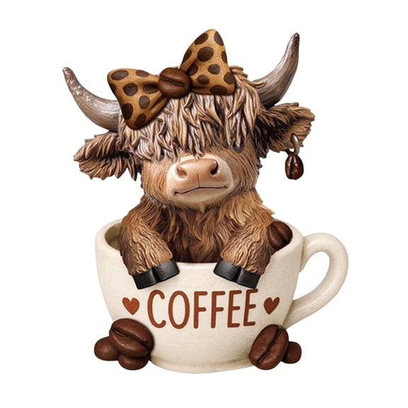 Highland Cow Figurine with Coffee Mug Design, Rustic Farmhouse Decor for Home Office Shelf, Cute Desk Decorations for Women Coffee Bar Gift