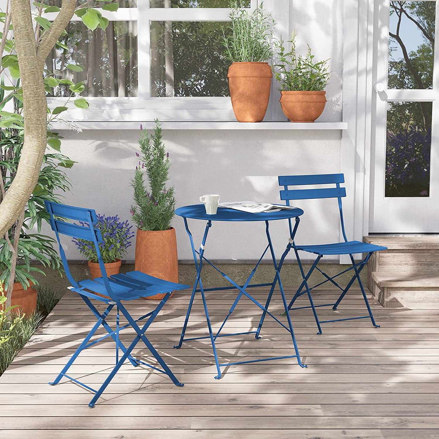 Outdoor Setting 3pc Table Chairs Cafe Patio Garden Set Foldable Steel Seat Blue 