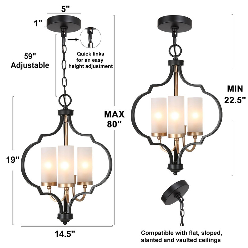 LNC 3-Light Matte Black and Gold with Frosted Glass Shades Globe Transitional Chandelier
