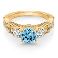 thumbnail image 2 of 18K Yellow Gold Plated Silver Swiss Blue Topaz White Lab Grown Diamond and White Moissanite Engagement Ring for Women (1.47 Cttw, Gemstone November Birthstone, Round 6MM and 3MM, Size 9), 2 of 4