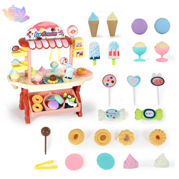42pcs Pretend Ice Cream Cart Playset with Simulation Ice Cream Cone, Popsicles, and Assorted Dessert Accessories, Snack Shop Pretend Play House Toy, Dessert Vendor Role Play Toy for Kid Ages 3 and Up
