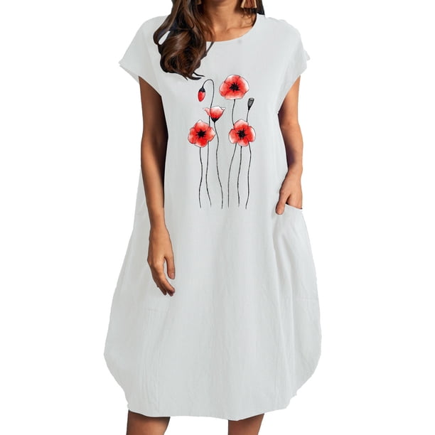 Vestido estampado de cuello redondo de manga corta de color sólido para mujer con bolsillos Vestido a media pierna Fridja bnh1898