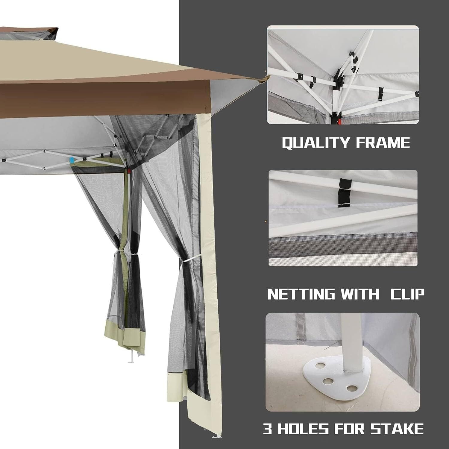 COBIZI 13x13 Pop-up Gazebo Outdoor Gazebo Canopy with Mosquito Netting Patio Tent Backyard Canopy with 2-Tiered Vented Top 3 Adjustable Height and 144 Square ft of Shade, Beige