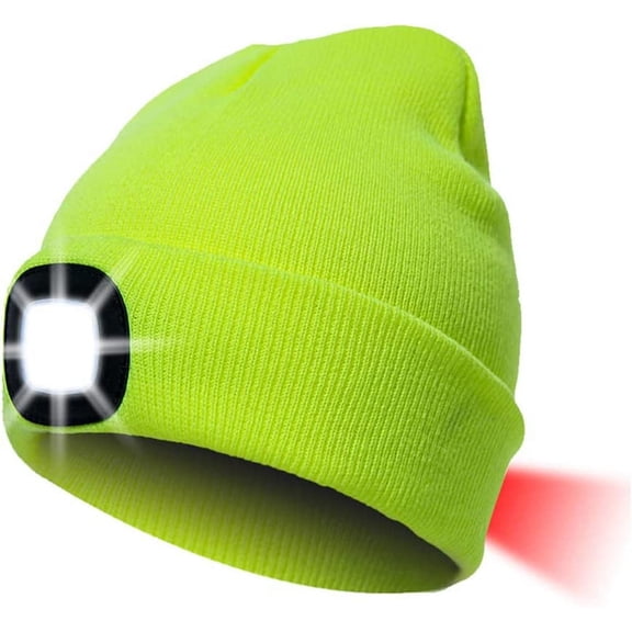 Morttic LED Beanie Hat USB Rechargeable 8 LED Light Hat Winter Warm Knitted Beanie for Men and Women, Hand Free Front and Rear Lighting Headlamp Cap for Camping, Running, Skiing (Fluorescent)