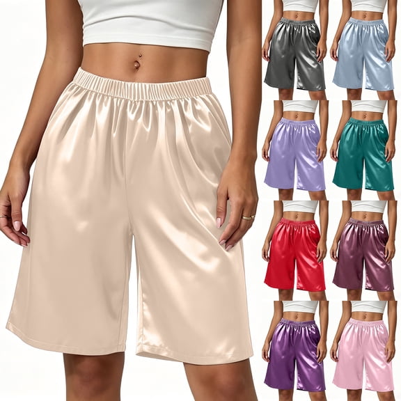 Yourumao Satin Shorts for Women Elastic Waist Bermuda Shorts for Loungewear Soft Comfy Loose Fit Pajama Bottoms for Leisure Home