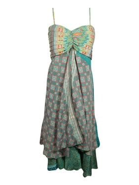 Mogul Women Recycled Sari Dress Layered Spaghetti Strap Printed Sundress SM