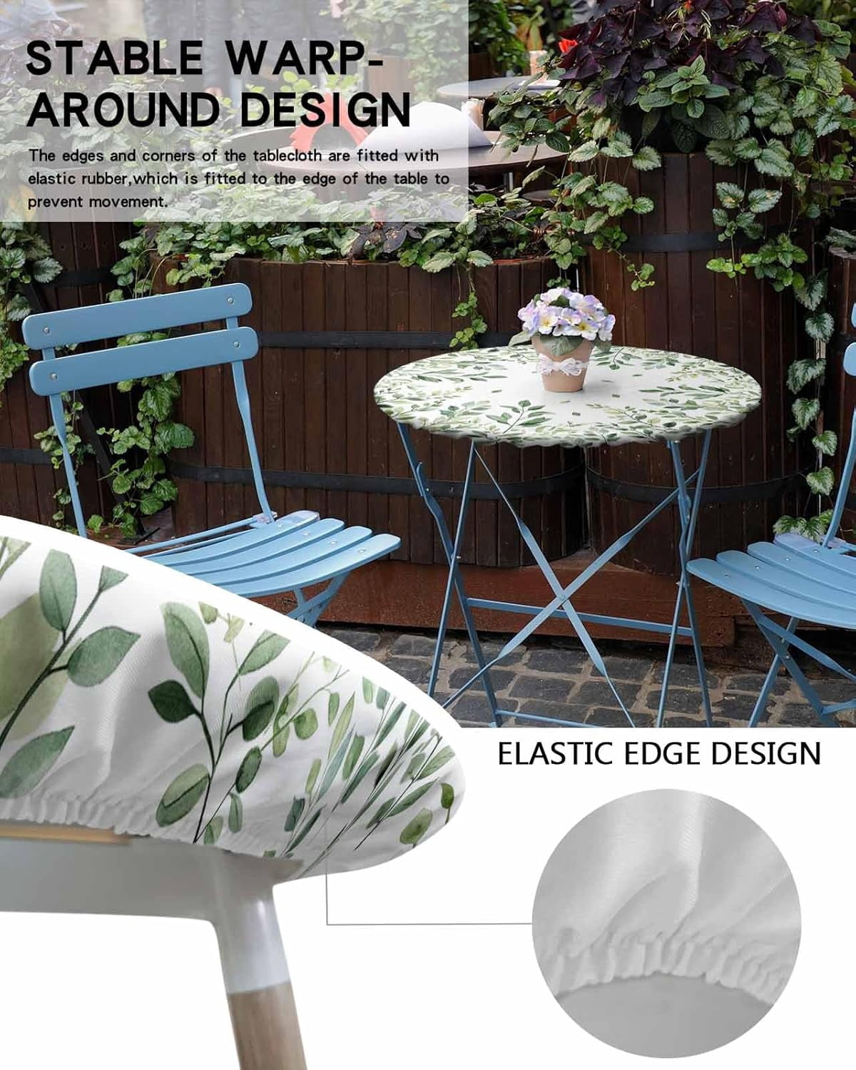Watercolor Round Fitted Tablecloth Elastic Edged Table Cover,Spring Green Leaves Waterproof Wipeable Table Cloths for Kitchen Dining Party Fit up 45-52in Tables,Botanical Leaf on White