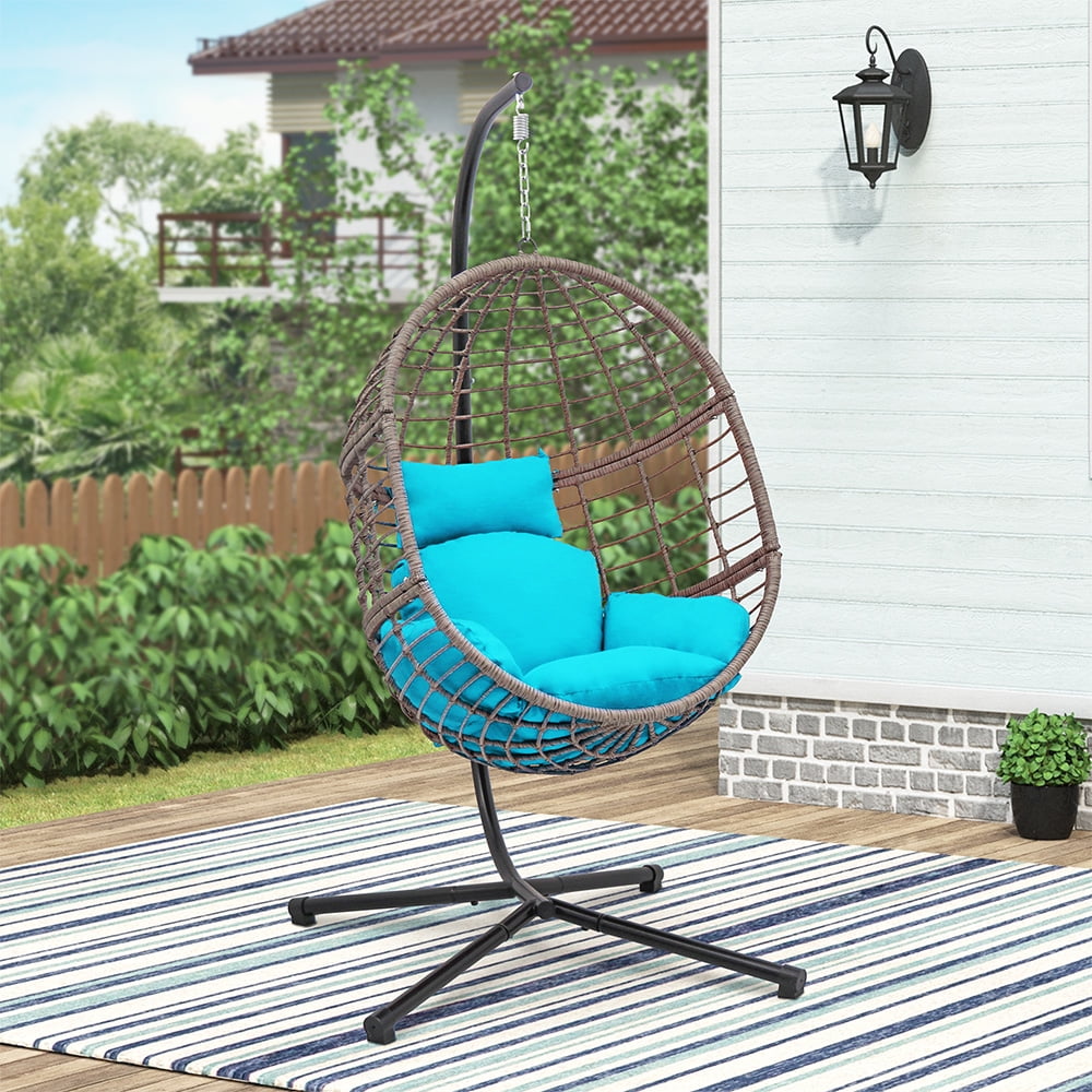 Abble Wicker Hanging Egg Chair with Cushion and Stand - Blue