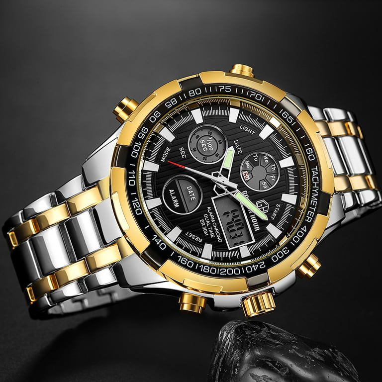 GOLDEN HOUR Fashion Business Mens Watches with Stainless Steel Waterproof  Chronograph Quartz Watch for Men, Auto Date