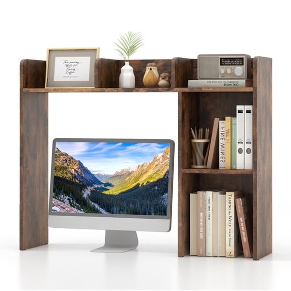 Furnibear 3-Tier Multipurpose Desk Bookshelf with 4 Shelves Rustic Brown, 37" x 10" x 29" - Open Storage Display Rack for Home Office