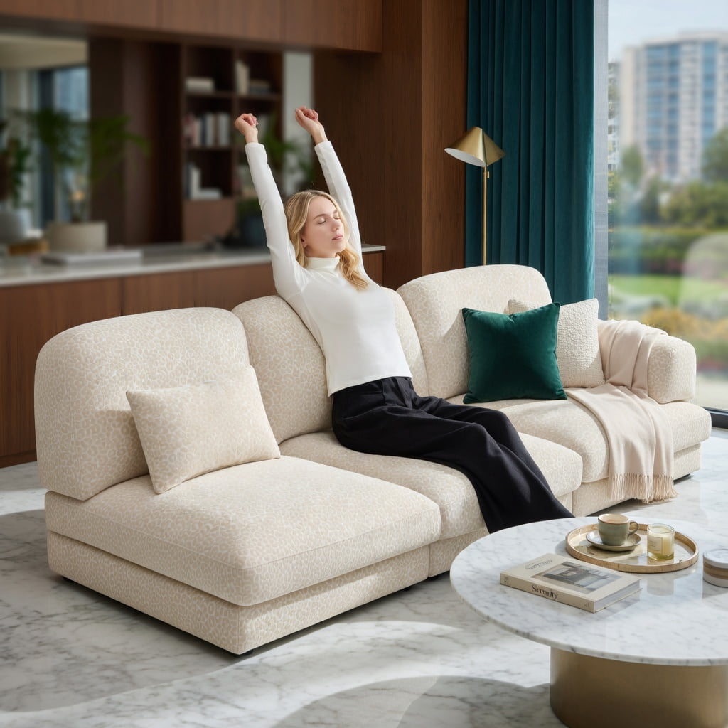 Hommoo 100" Leopard Print Chenille L-Shaped Sofa Set with Movable Ottoman, Tassel Trim & Ergonomic Deep Seat, Modern Living Room Sectional, Beige