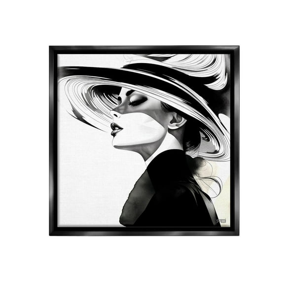 Stupell Industries Woman & Abstract Hat Abstract Painting Black Floater Framed Canvas Art Print Wall Art, 18 x 18