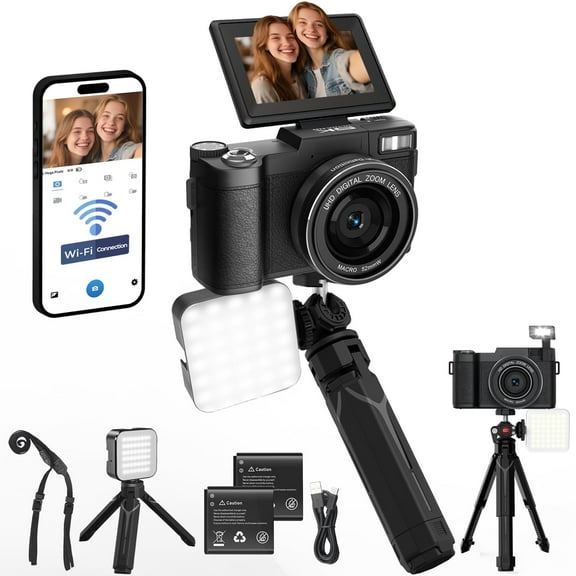 5K Vlogging Camera with WiFi 64MP 4K Digital Camera for Photography Vlog Camera with Flip Screen Video Camera for YouTube with Selfie Light, Desk Tripod, Batteries