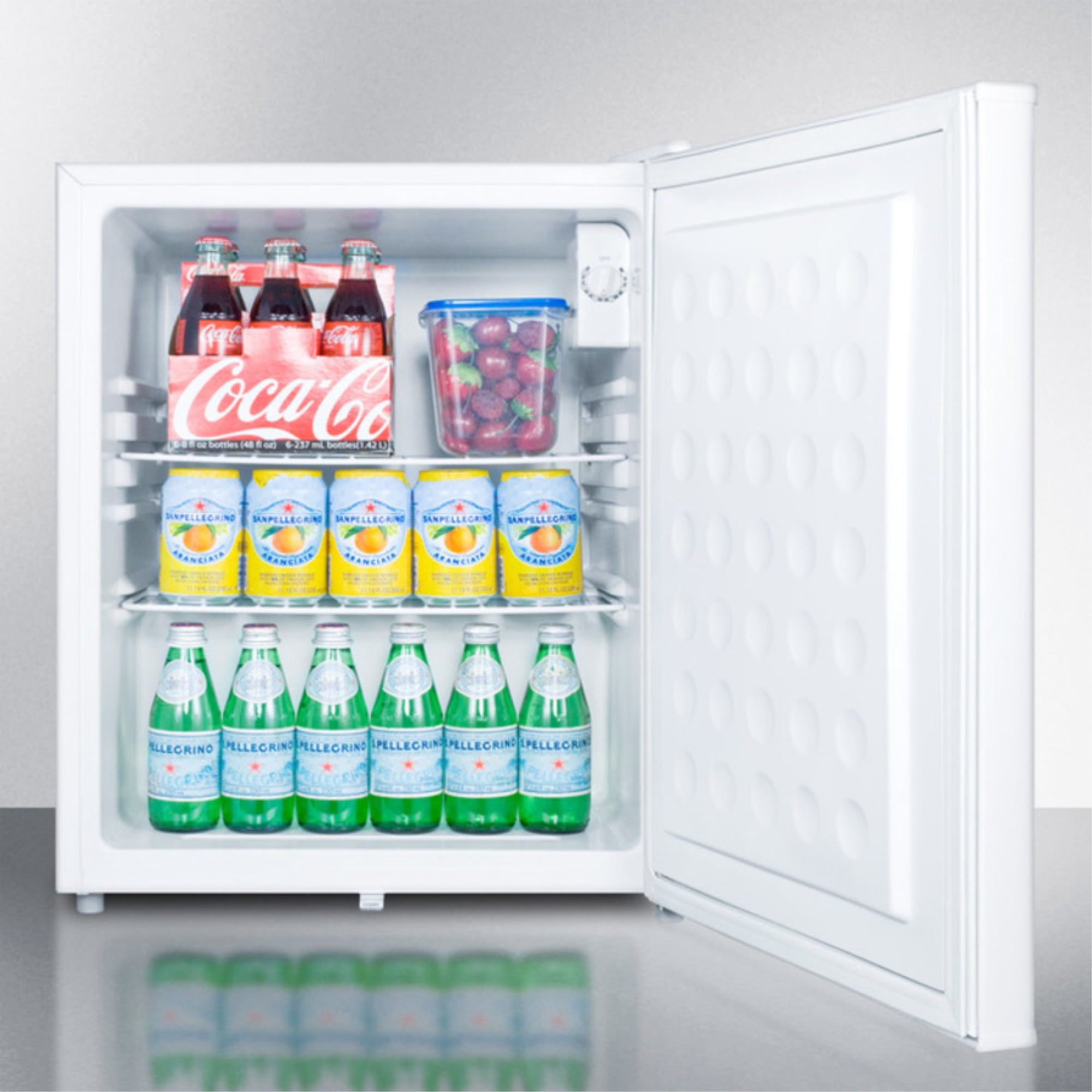 Compact all-refrigerator with automatic defrost, front-mounted lock, and white finish