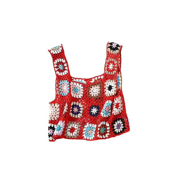 Txlixc Blusa de verano sin mangas para mujeres chaleco de punto hueco bordado a mano de ganchillo de colores Txlixc moda