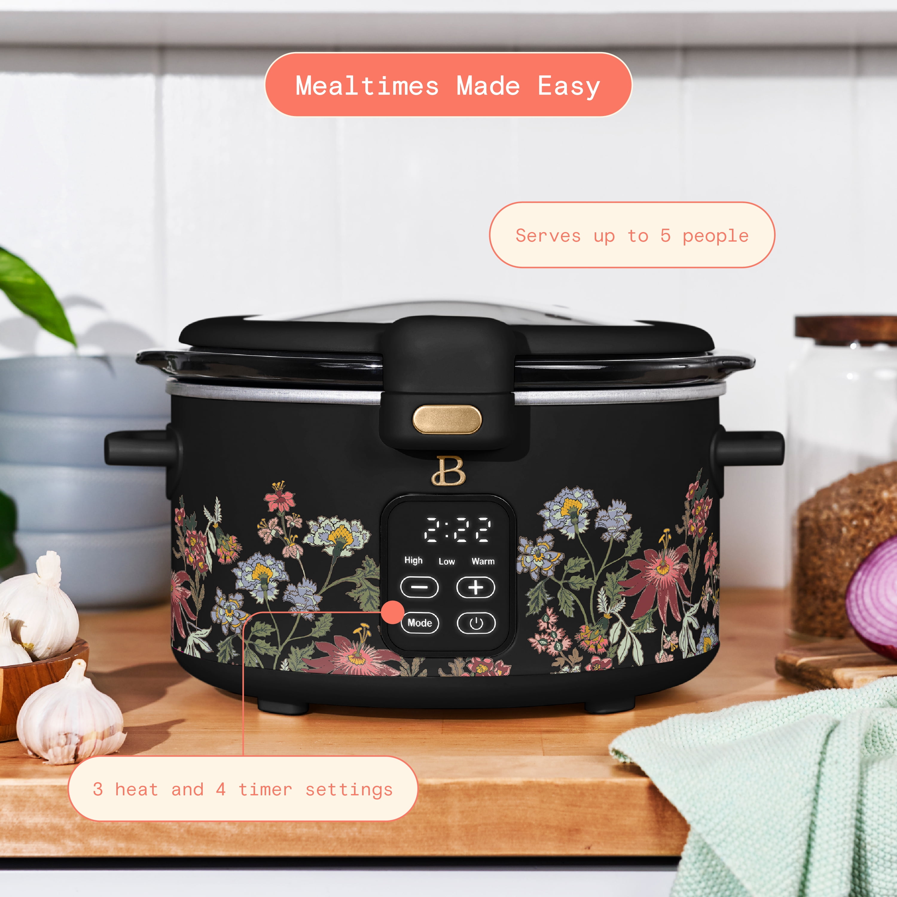 Beautiful 4 Qt Digital Slow Cooker with Hinged Locking Lid, Wildflower Black by Drew Barrymore