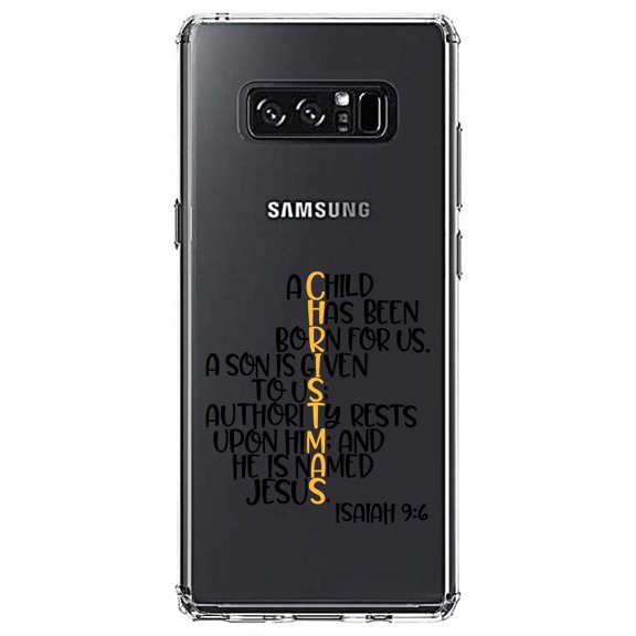 DistinctInk Clear Shockproof Hybrid Case for Samsung Galaxy Note 8 - TPU Bumper Acrylic Back Tempered Glass Screen Protector - Christmas - Isaiah 9:6 - Black Yellow
