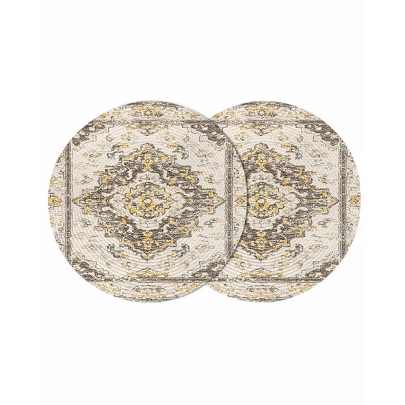 Beige Vintage Boho Round 15 Inch Placemats Set of 2, Ethnic Tribal Geometric Abstract HeatResistant Non Slip Place Mats for Dining Table, Wipeable Braided Kitchen Table Mats for Housewarming