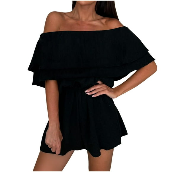 Fuwddey Combinaisons d'Été pour Femmes Combinaisons Décontractées Jambes Larges Volants une Épaule Manches Courtes Combinaisons Lacées Tenues de Plage Vacances Amples