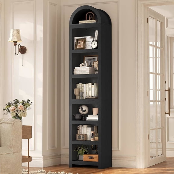 76" Tall Narrow Arched Bookcase, 7-Tier Modern Adjustable Shelves for Living Room, Kitchen, or Home Office, Black