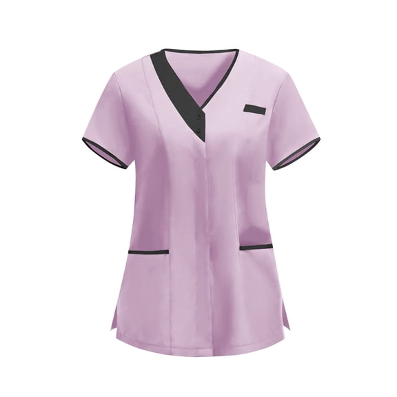 Afelkas Women Grey Scrub Top Black Trim V-Neck Medical Shirt Neutral Nursing Blouse Clinic Uniform Pink,XXL