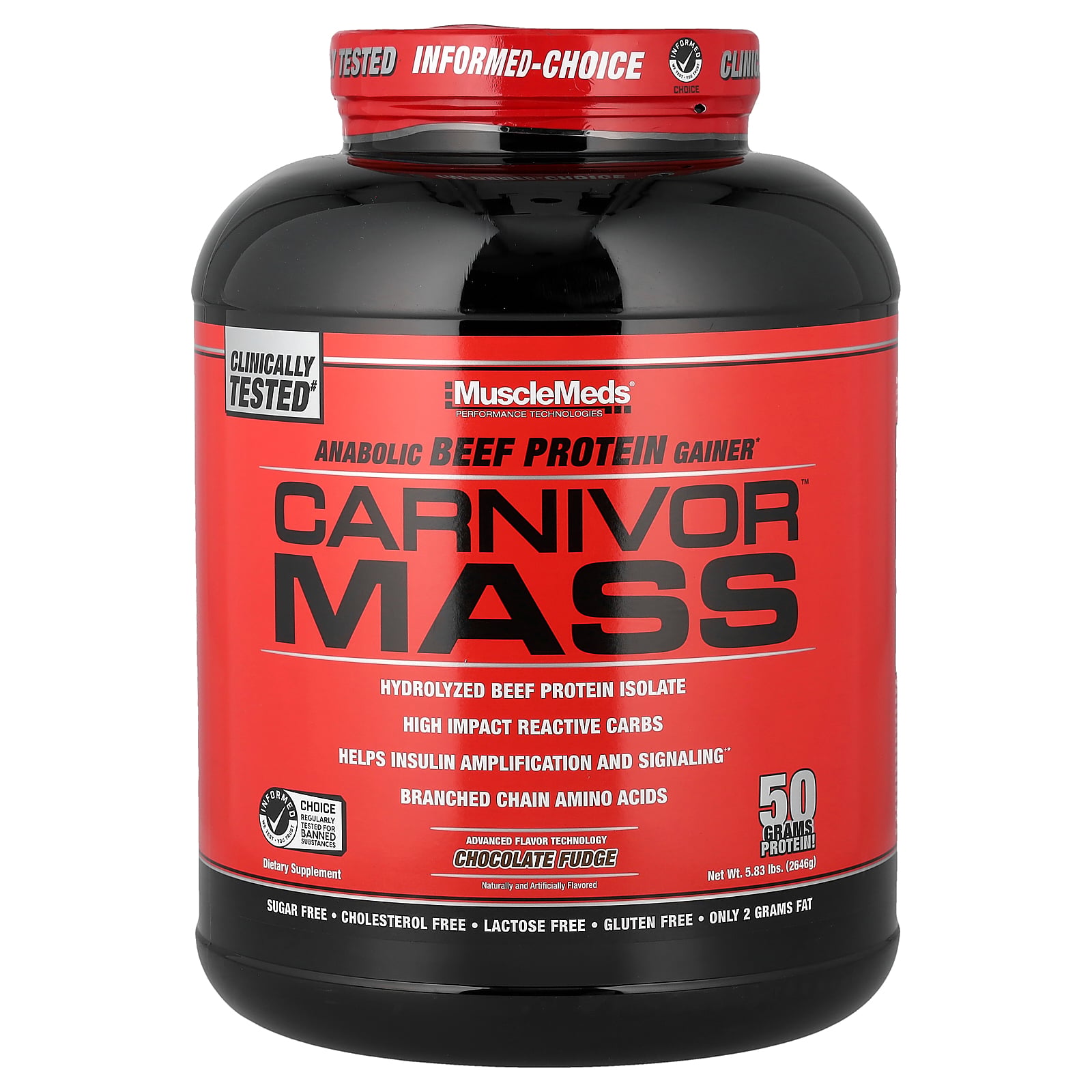 MuscleMeds Carnivor Mass Gainer – 50g Beef Protein Isolate & 125g Reactive Carbs – 0 Sugar/Fat/Lactose – iSpike™ Anabolic Gainer, Chocolate Fudge, 6 lb