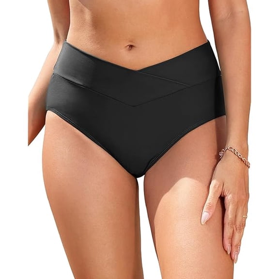 Women V Cut Full Coverage Bikini Bottom - High Waist Swim Bathing Suit Bottoms Cross V Front Swimsuit