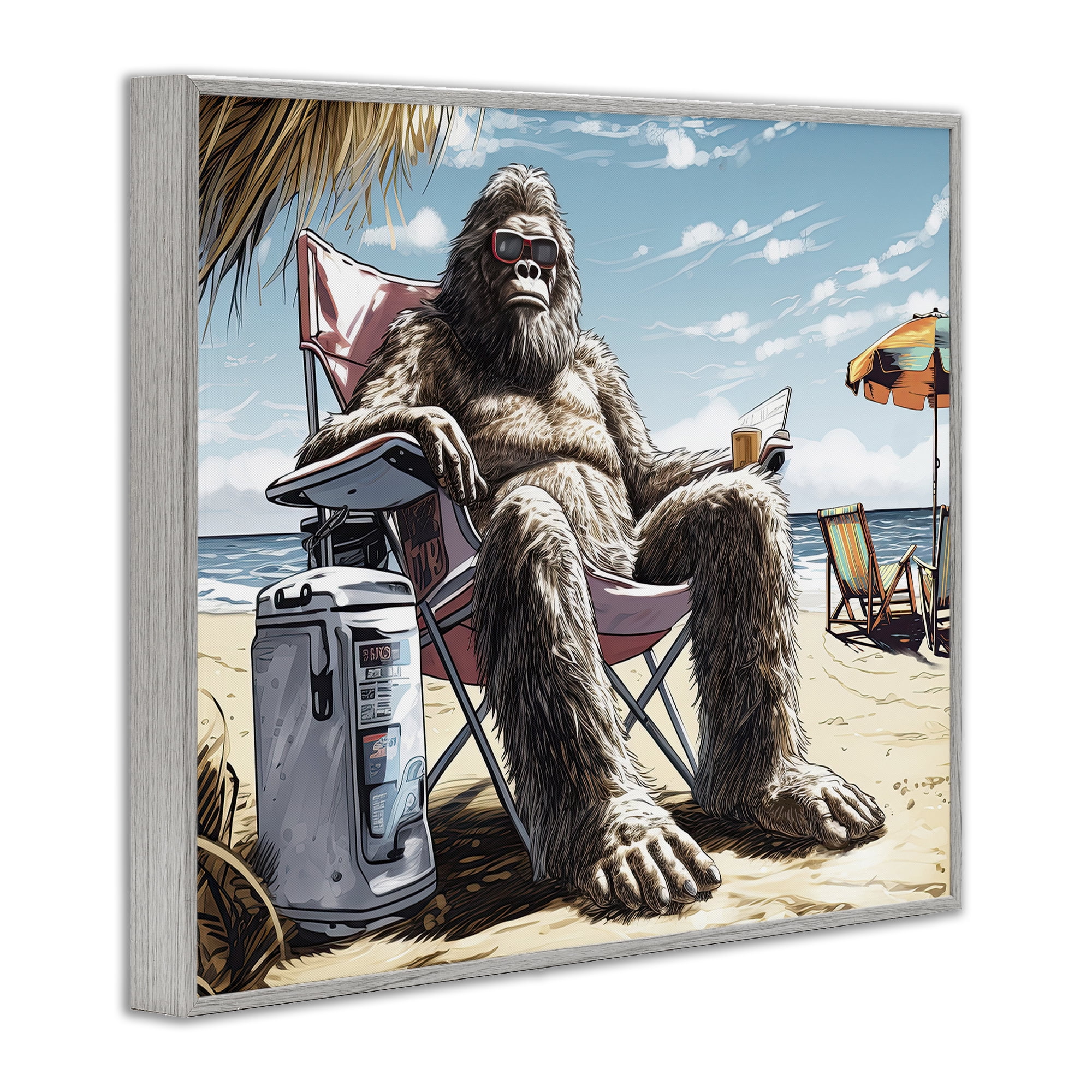 Stupell Industries Big Monster on Beach Fairy Tales & Fantasy Painting Gray Framed Art Print Wall Art, 14 x 11