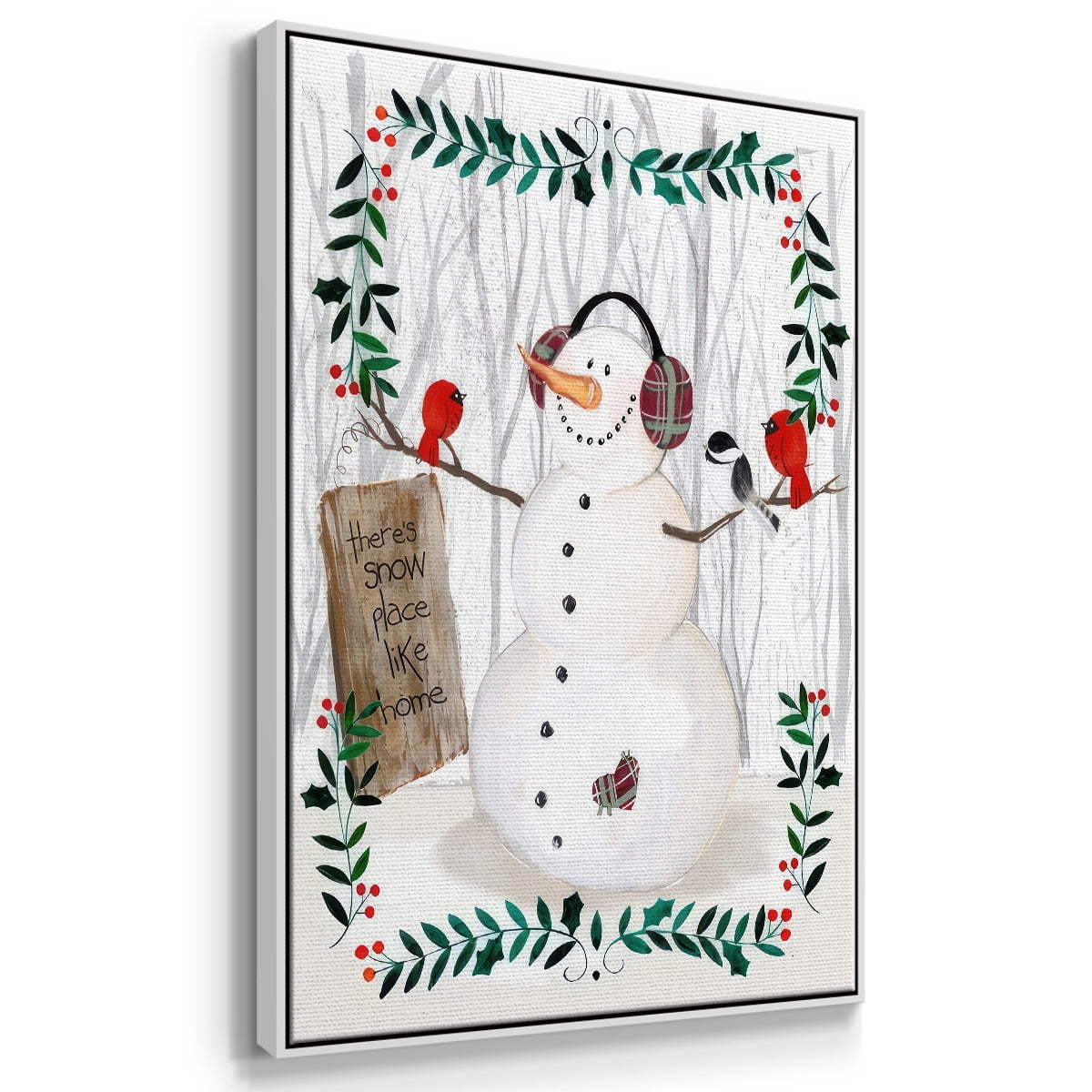 Folk Snowman Forest II - Framed Gallery Wrapped Holiday Canvas - 25 x 37 - White Frame