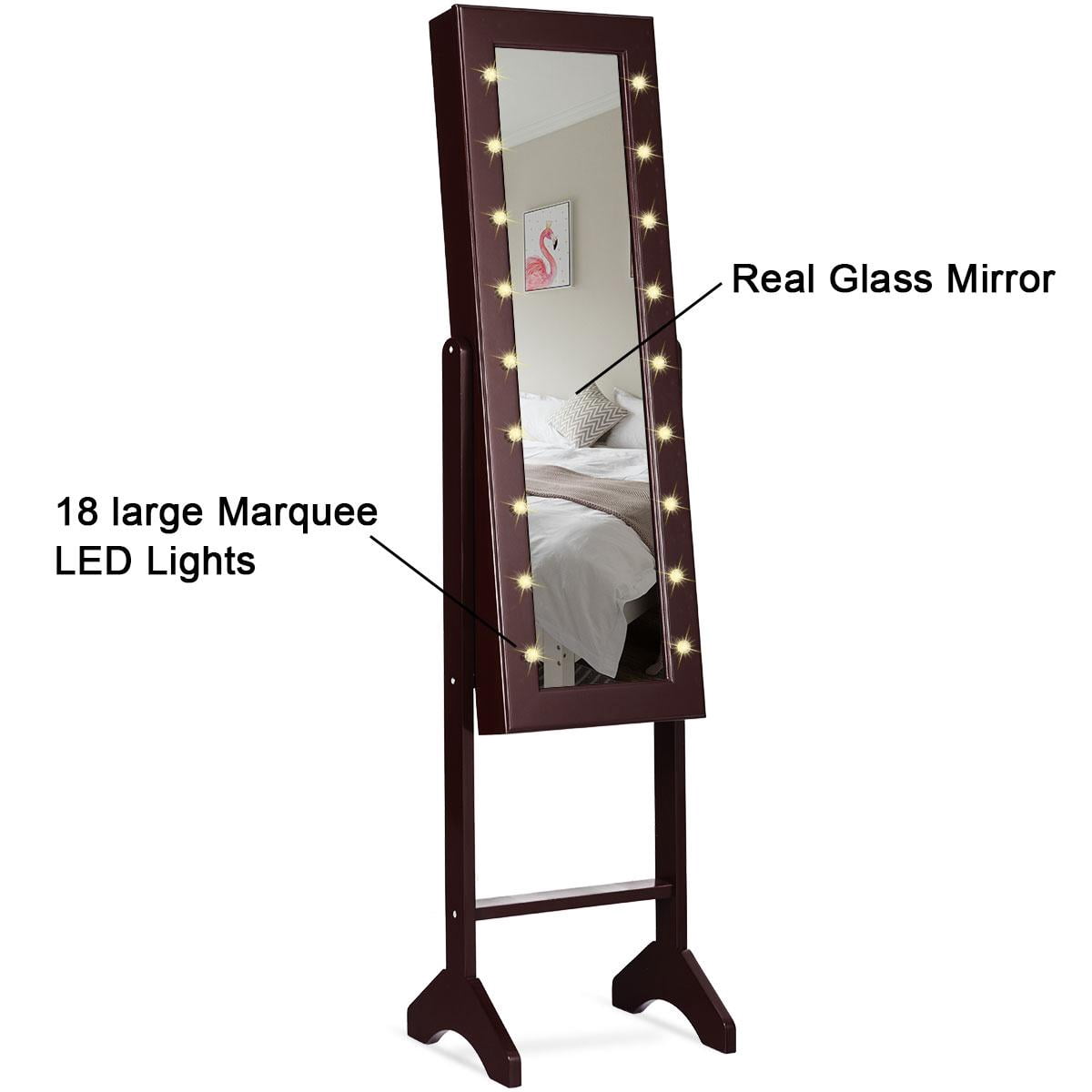 Giantex Jewelry Cabinet Box Armoire Organizer with 18 LED, Standing for Home Bedroom 16 Lipstick Holder 1 Inside Makeup Mirror Full Lights, Large Storage Mirrored Cabinets Jewelry Armoires (Brown)
