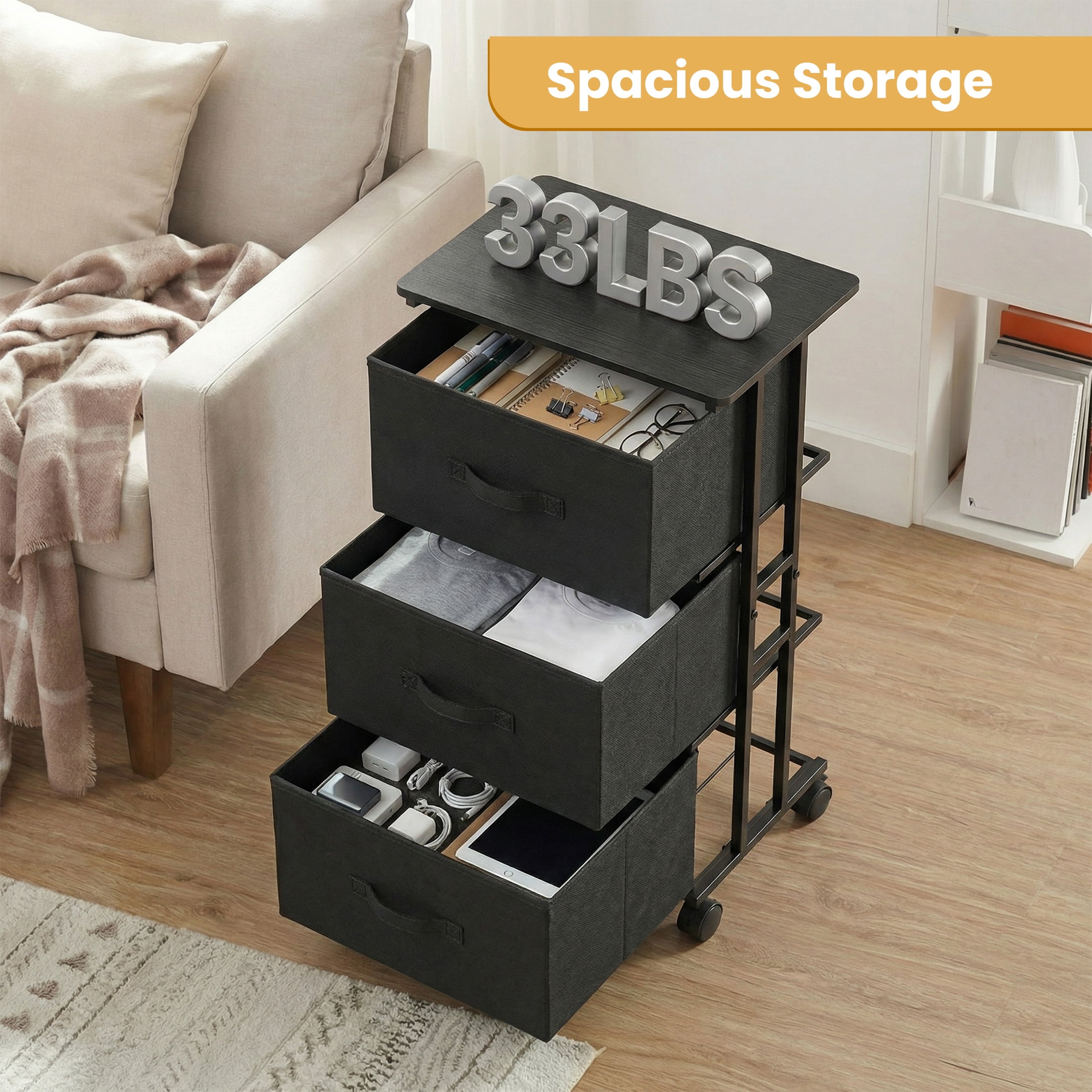 CONCETTA Dresser Storage with 3 Drawers, Storage with Wheels for Bedroom, Home Office, Black