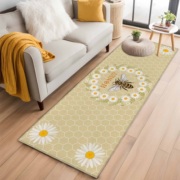 Bees 2'x6' Runner Rugs for Hallway Kitchen Bedside Non Slip Washable, Daisy Flowers Spring Summer Honey Floral Leaf Plant Entryway Rug Runners with Rubber Backing, Long Carpet Runner for Laundry Room