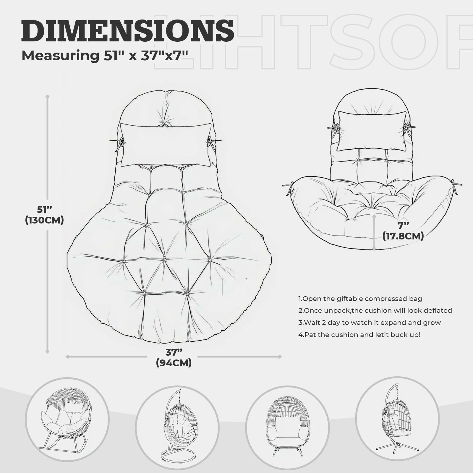 Outdoor egg Chair Cushion Replacement 51x37 Inch,Thicken Foldable Removable Waterproof Egg Chair Cushions with Headrest,Rocking Chair Cushions for Indoor Outdoor Patio Garden,Bule
