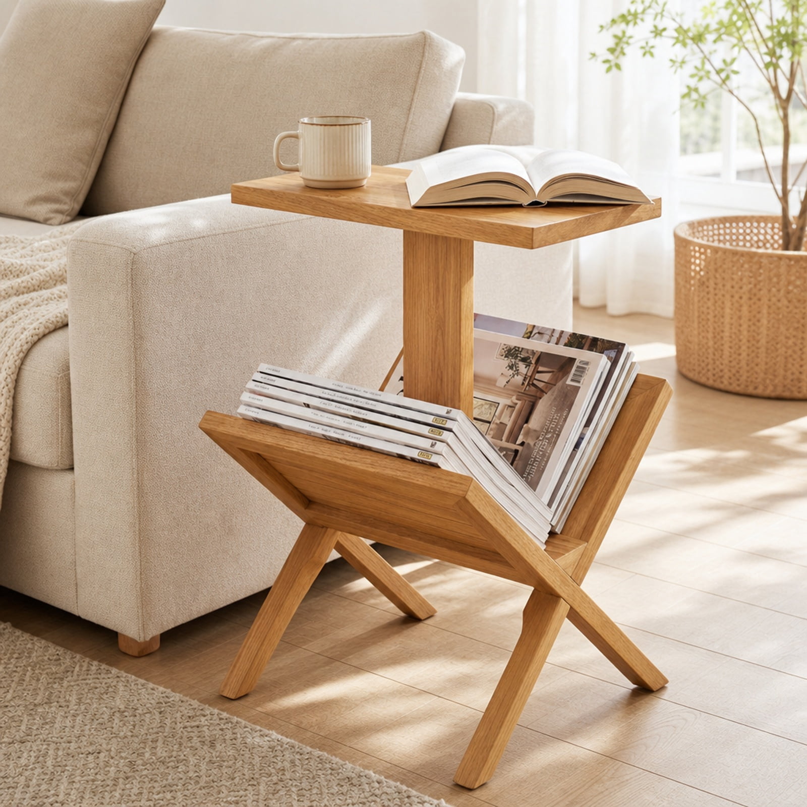 Furnibear 2 Tier Side Table with Magazine Rack and Solid Teak Wood Frame for Living Room Bedroom and Home Office Reading Nook, Natural