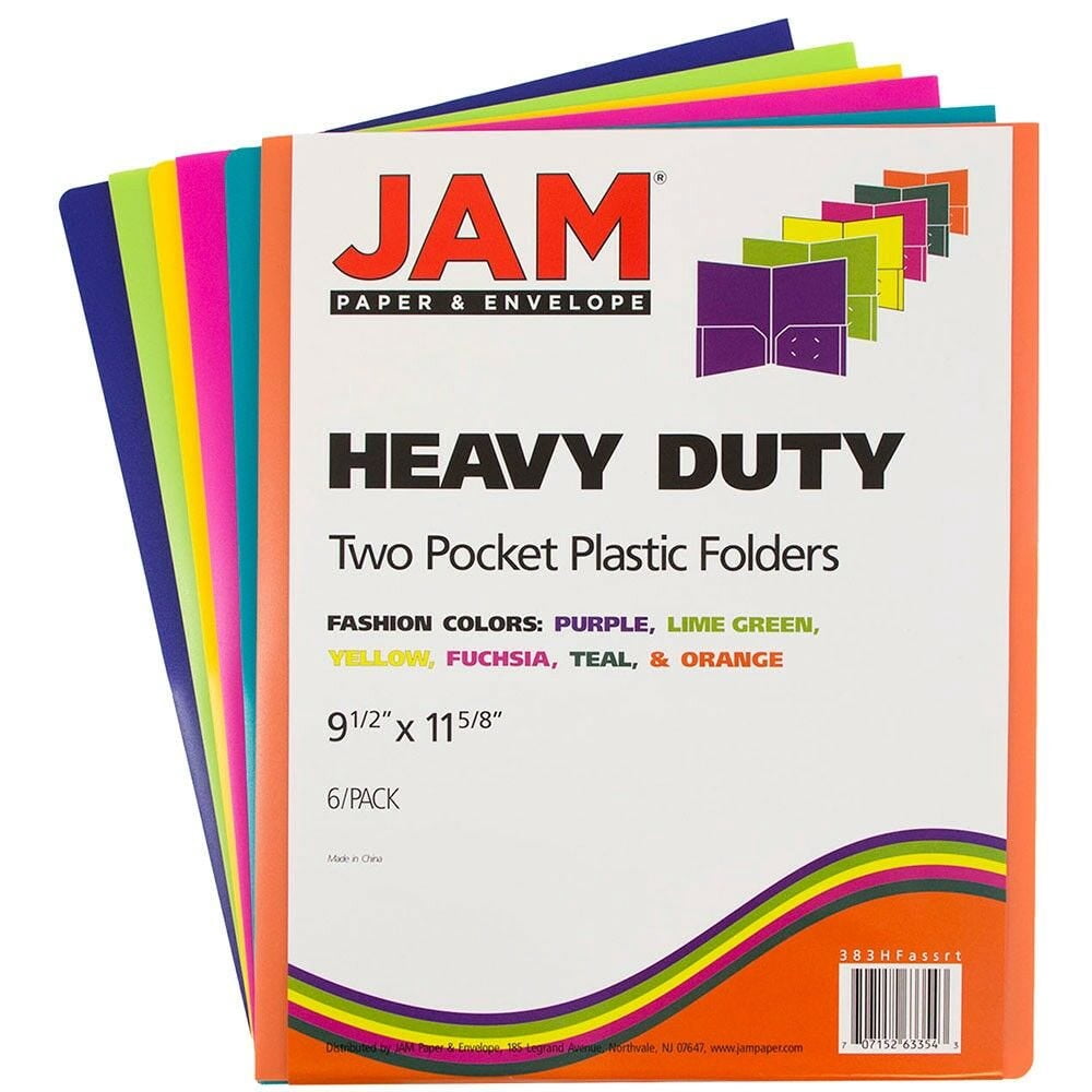 JAM Paper Plastic Heavy Duty Assorted Pocket Folders, 9.5 x 12, Multicolor, 6 per Pack