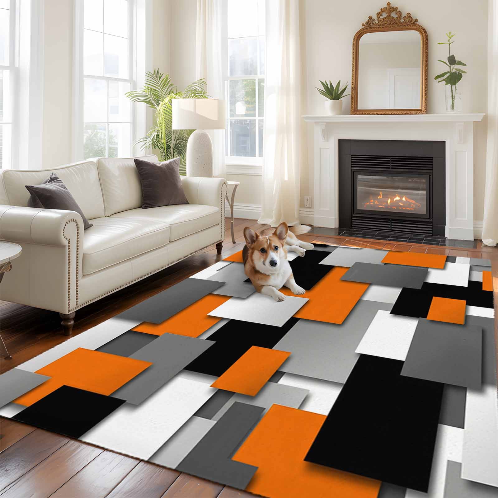 Burnt Orange Black Geometric Area Rug 5x8 Washable Rug Non Slip Modern Abstract Art Block Large Area Rug Soft Stainresistant Indoor Floor Carpet for Living Room Bedroom Home Office Dining Room