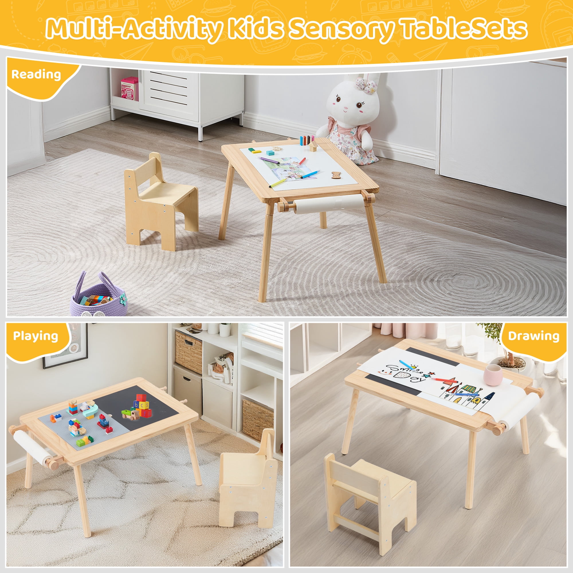 Sensory Table for Toddlers, Multi-Activity Table and Chair Set with Double-Side Graffiti Desktop, Kids Table with 2 Storage Bins & Roller Holder, Sand & Water Table with Building Block Base