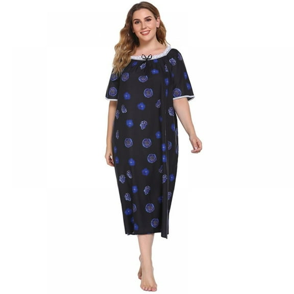 Womens Plus Size Nightgowns Floral Short Sleeve Pajamas Sleepdress, Comfy Nightshirt Lace Collar Loungewear Sleepwear, Casual Pj Sleepshirt Nightdress for Women,XL-4XL